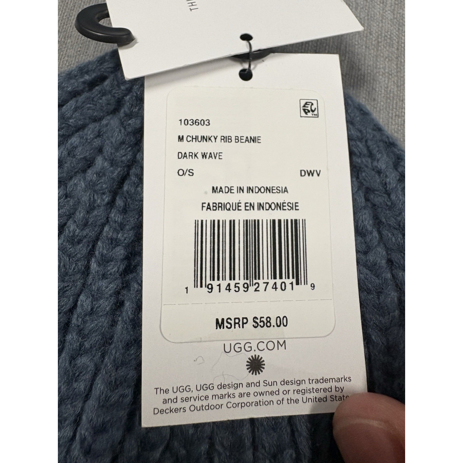 Ugg Chunky Rib Beanie Cuffed Knit Mens One Size Dark Wave Blue Wool Blend Nwt — image 3 of 5